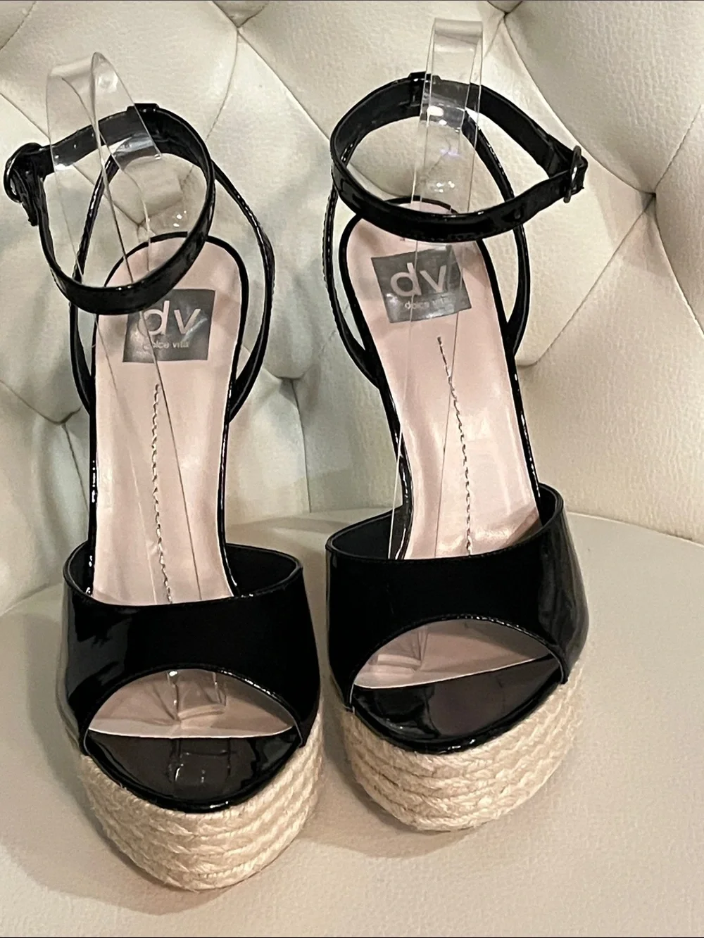 DV by Dolce Vita Black Patent Platform Espadrille Sandals Ankle Strap Beautiful